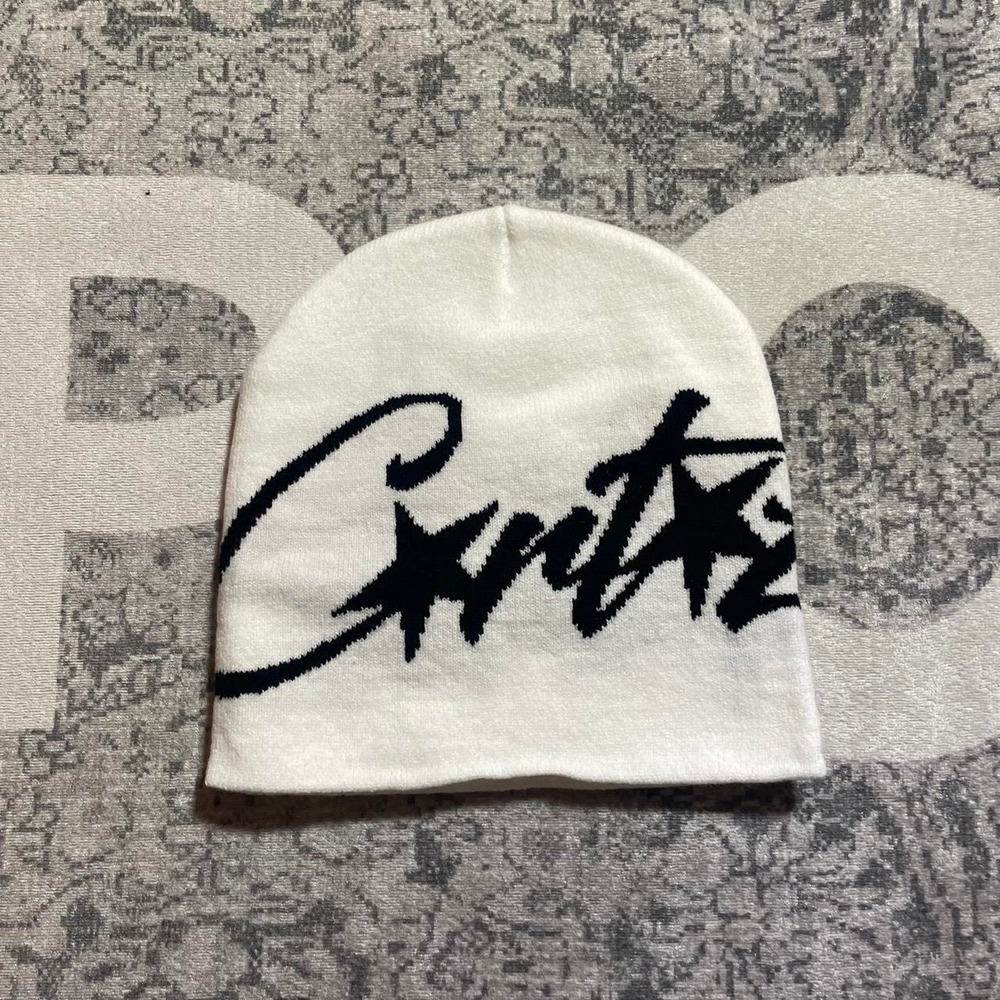 Corteiz CRTZ White Black Star Logo Knit Beanie Hat
